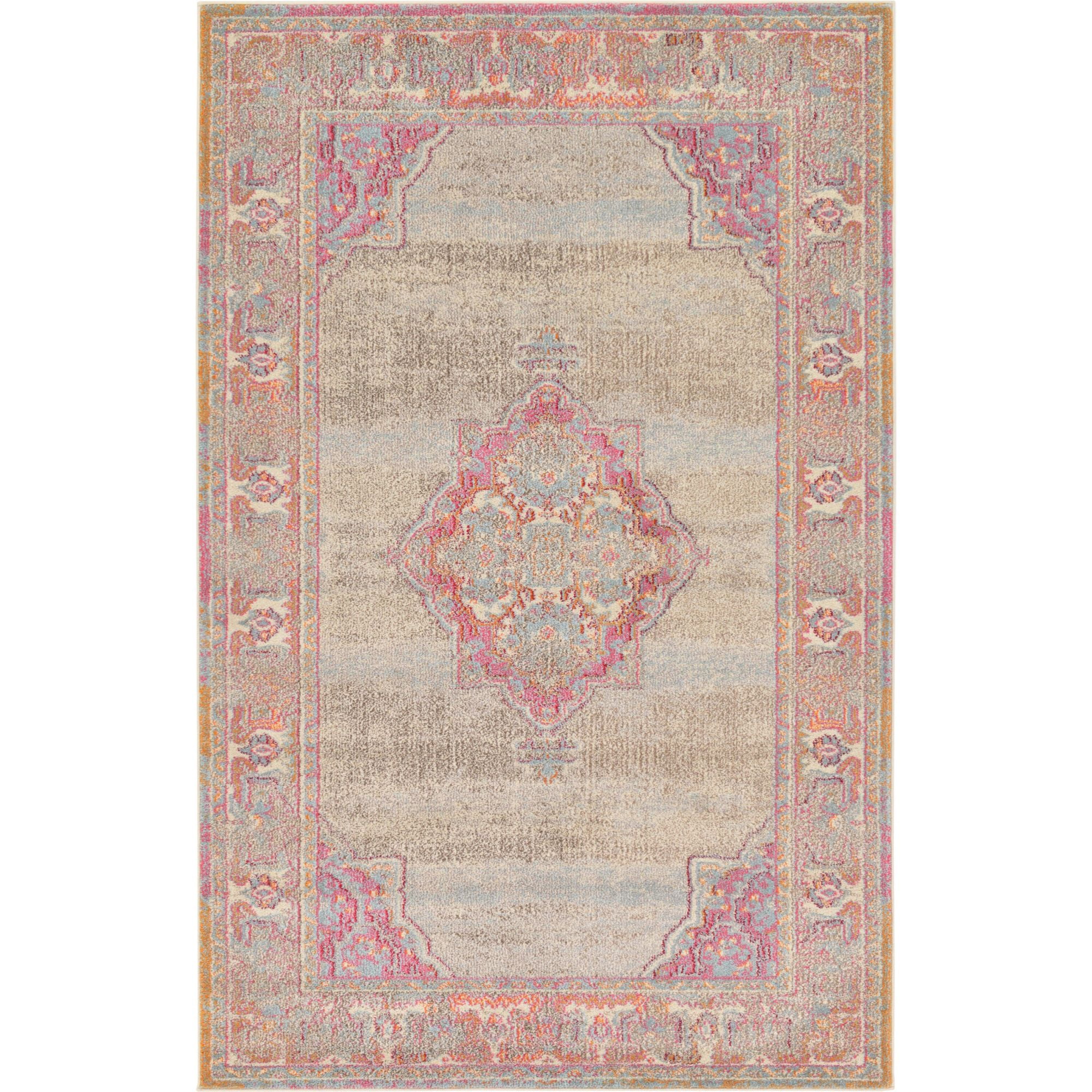 Rectangular Bohemian Rug 5' x 8' Beige and Pink Bohemian Medallion with Border Rectangular Area ...
