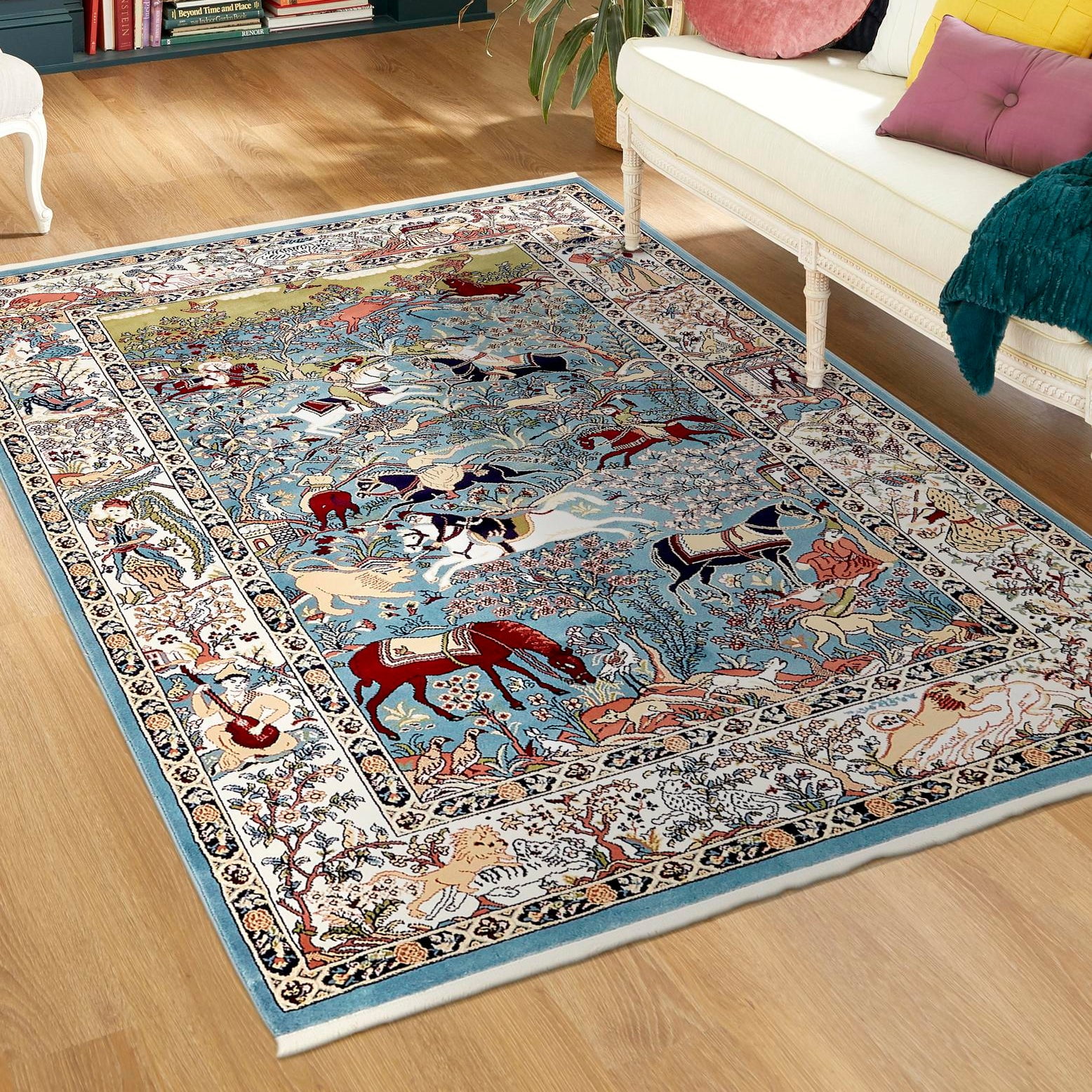 Blue and Tan Floral Rectangular Synthetic Area Rug