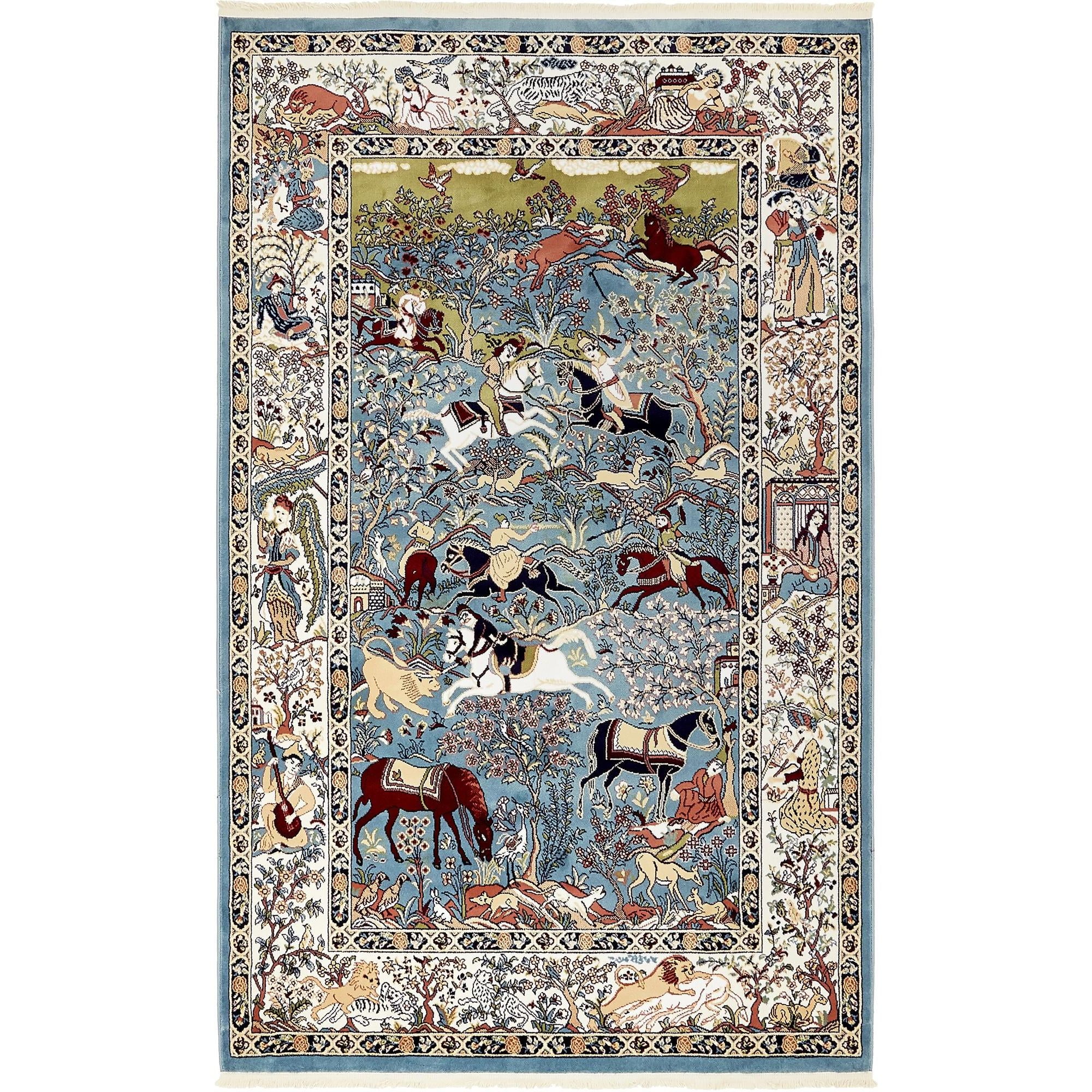 Blue and Tan Floral Rectangular Synthetic Area Rug
