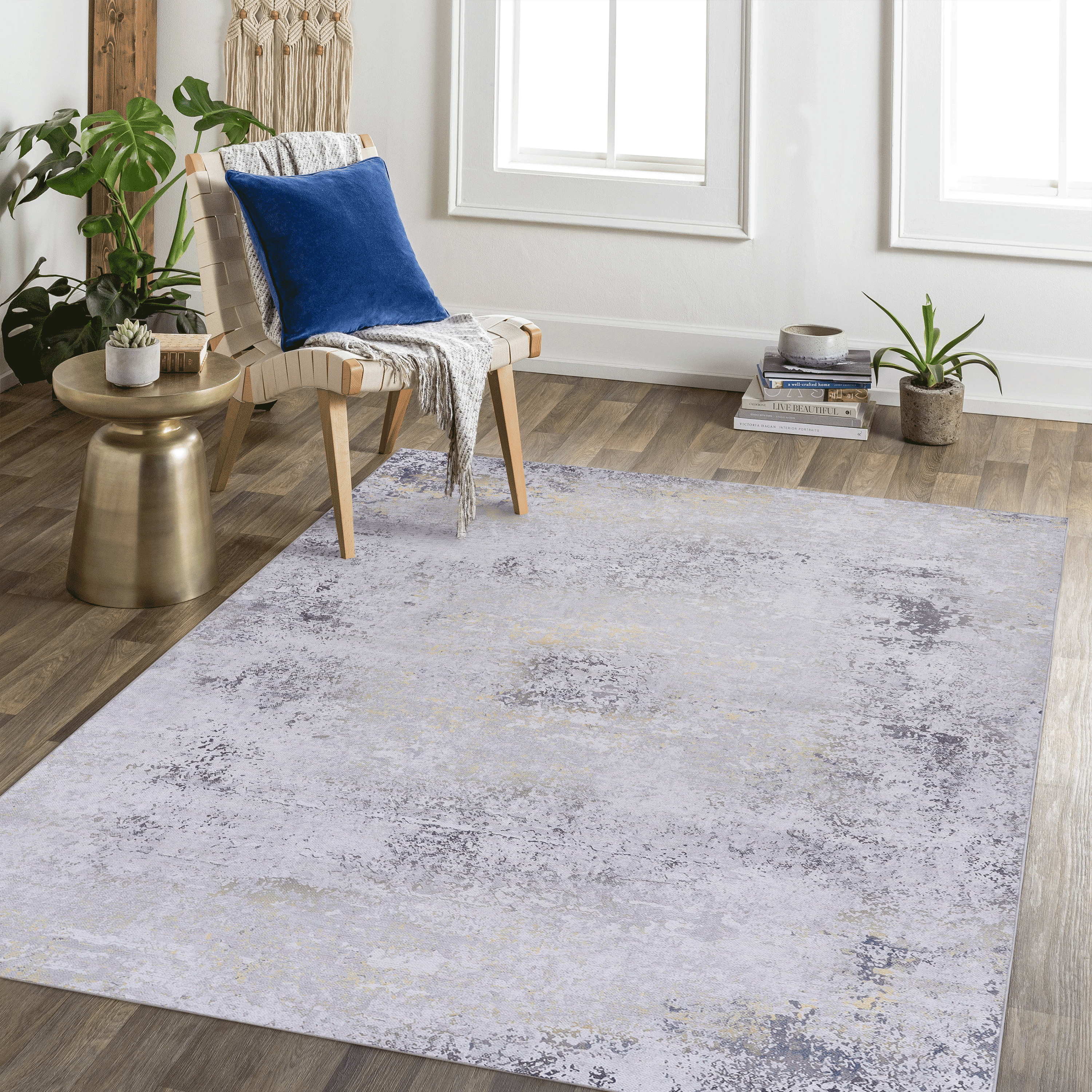 5' x 8' Gray Gold Vintage Area Rug, Machine Washable Low-Pile Foldable Rug, Non-Slip Non-Shedding Stain Resistant Carpet for Living Room Bedroom Kitchen Kids Pets