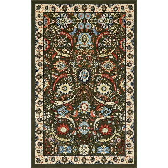 5' x 8' Olive Green and Ivory Floral Rectangular Area Throw Rug