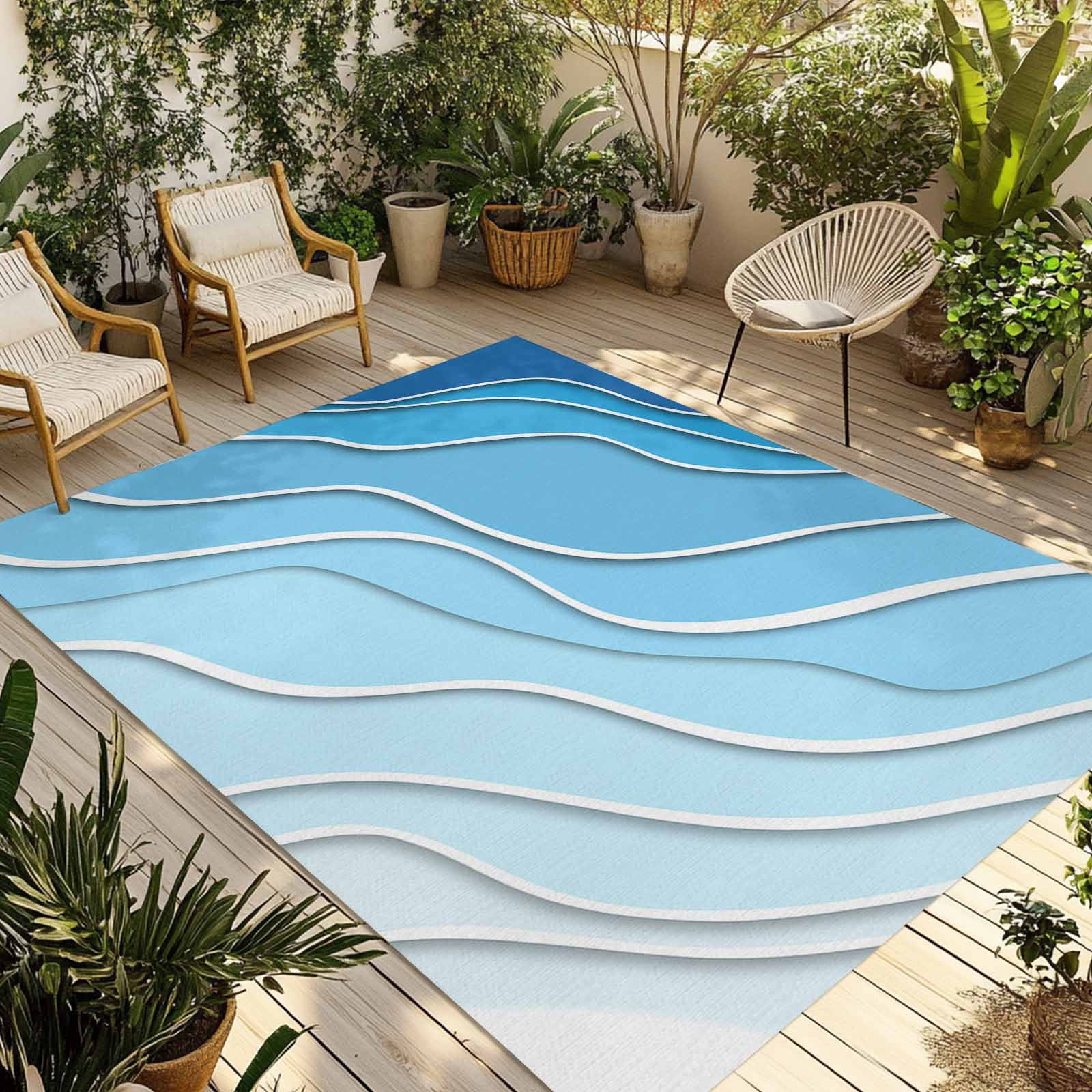 5' x 8' Outdoor Rug, Blue Aqua Ombre Outdoor Washable Rug Large Floor Carpet, Modern Geometric Abstract Aesthetic Cream Non Shedding Area Rug for Outside Patio RV Porch Deck Balcony Camping