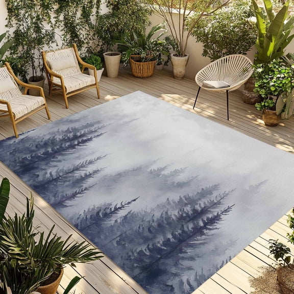 5' x 8' Outdoor Rug, Blue Mist Forest Outdoor Washable Rug Large Floor Carpet, Pine Larch Trees Natural Landscape Non Shedding Area Rug for Outside Patio RV Porch Deck Balcony Camping Living Room