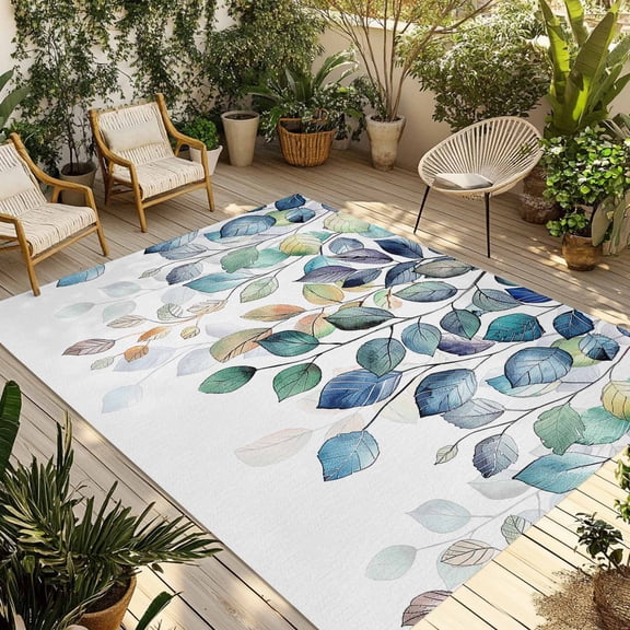 5' x 8' Outdoor Rug, Blue Teal Botanical Outdoor Washable Rug Large Floor Carpet, Weeping Fall Eucalyptus Leaves Non Shedding Area Rug for Outside Patio RV Porch Deck Balcony Camping Living Room