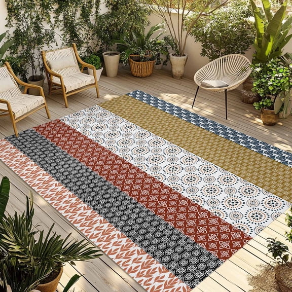 5' x 8' Outdoor Rug, Boho Geometric Outdoor Washable Rug Large Floor Carpet, Bohemian Stripes Aztec Tribe Vintage Non Shedding Area Rug for Outside Patio RV Porch Deck Balcony Camping Living Room