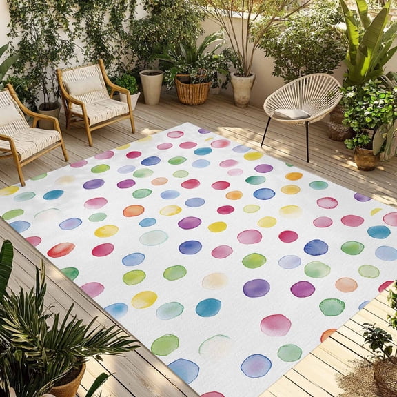 5' x 8' Outdoor Rug, Colorful Polka Dot Outdoor Washable Rug Large Floor Carpet, Rainbow Polka Dot Watercolor Non Shedding Area Rug for Outside Patio RV Porch Deck Balcony Camping Living Room