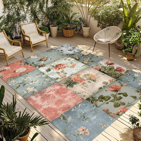 5' x 8' Outdoor Rug, Elegant Spring Floral Outdoor Washable Rug Large Floor Carpet, Farmhouse Summer Botanical Plaid Non Shedding Area Rug for Outside Patio RV Porch Deck Balcony Camping Living Room
