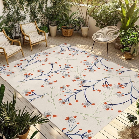 5' x 8' Outdoor Rug, Fall Plant Flower, Outdoor Washable Rug Large Floor Carpet, Vintage Fantasy Botanical Blue Red Cream Non Shedding Area Rug for Outside Patio RV Porch Deck Balcony Camping