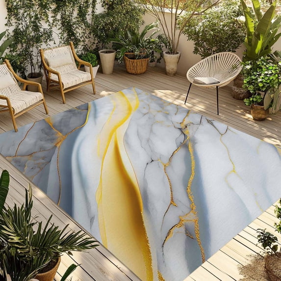 5' x 8' Outdoor Rug, Grey Marble Outdoor Washable Rug Large Floor Carpet, Modern Abstract Gold Ombre Aesthetic Art Non Shedding Area Rug for Outside Patio RV Porch Deck Balcony Camping Living Room