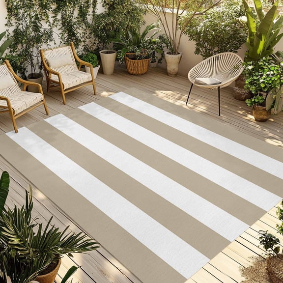5' x 8' Outdoor Rug, Khaki Stripes Outdoor Washable Rug Large Floor Carpet, Simple Khaki White Texture Non Shedding Area Rug for Outside Patio RV Porch Deck Balcony Camping Living Room