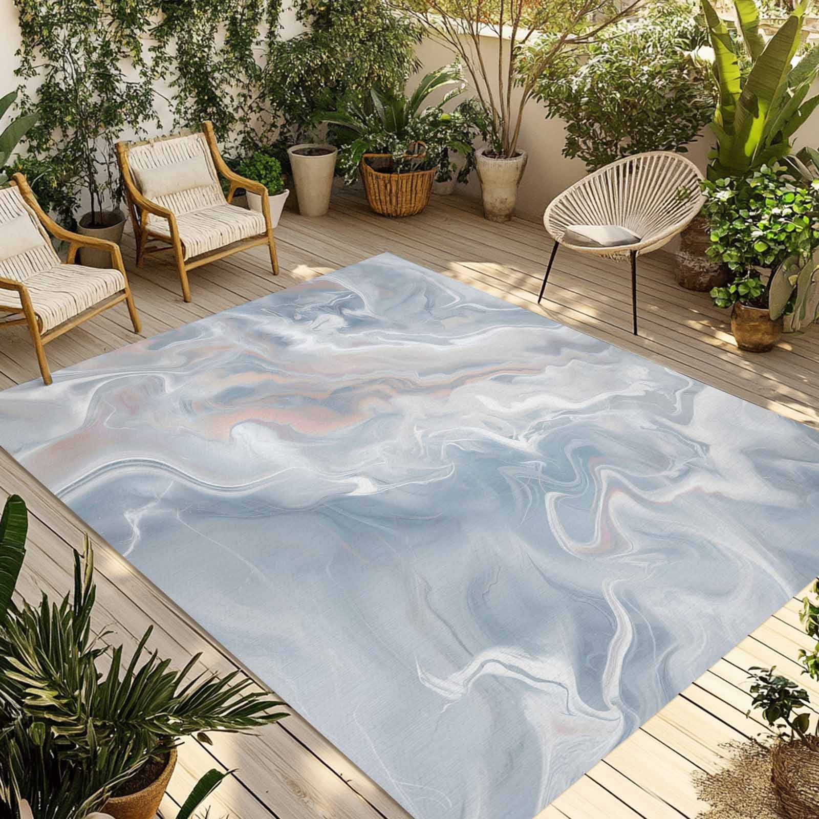 5' x 8' Outdoor Rug, Light Blue Marble Outdoor Washable Rug Large Floor Carpet, Modern Abstract Ombre Minimalism Art Non Shedding Area Rug for Outside Patio RV Porch Deck Balcony Camping Living Room