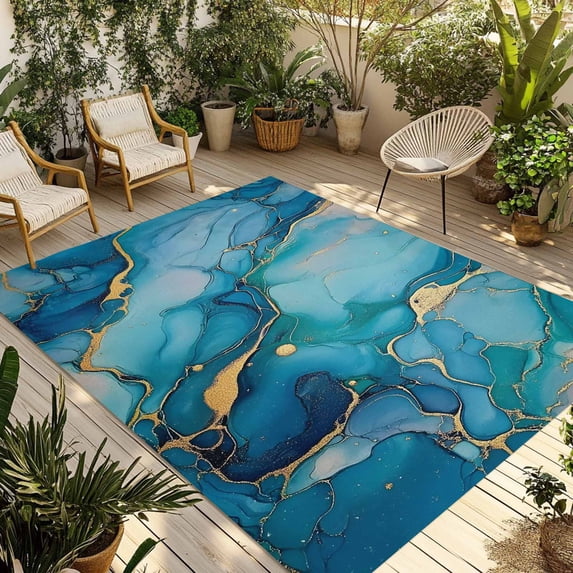 5' x 8' Outdoor Rug, Modern Turquoise Outdoor Washable Rug Large Floor Carpet, Abstract Teal Gold Marble Textured Non Shedding Area Rug for Outside Patio RV Porch Deck Balcony Camping Living Room
