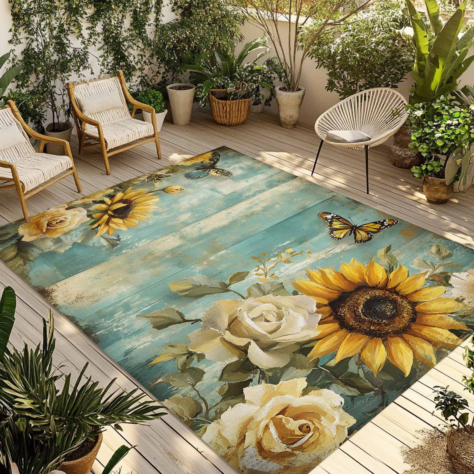 5' x 8' Outdoor Rug, Spring Sunflower Rose Outdoor Washable Rug Large Floor Carpet, Butterfly Teal Wood Vintage Non Shedding Area Rug for Outside Patio RV Porch Deck Balcony Camping Living Room