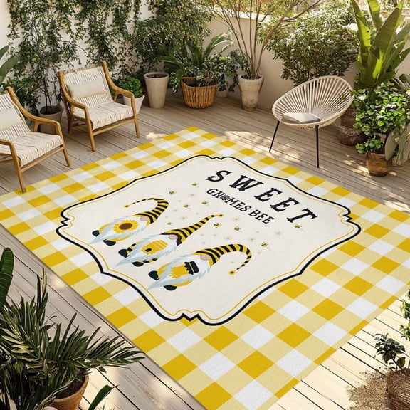 5' x 8' Outdoor Rug, Summer Gnomes Outdoor Washable Rug Large Floor Carpet, Yellow Plaid Sweet Bee Spring Floral Non Shedding Area Rug for Outside Patio RV Porch Deck Balcony Camping Living Room