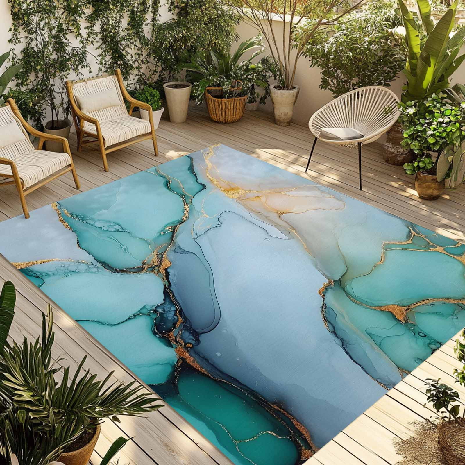 5' x 8' Outdoor Rug, Turquoise Marble Outdoor Washable Rug Large Floor Carpet, Farmhouse Abstract Ombre Texture Non Shedding Area Rug for Outside Patio RV Porch Deck Balcony Camping Living Room
