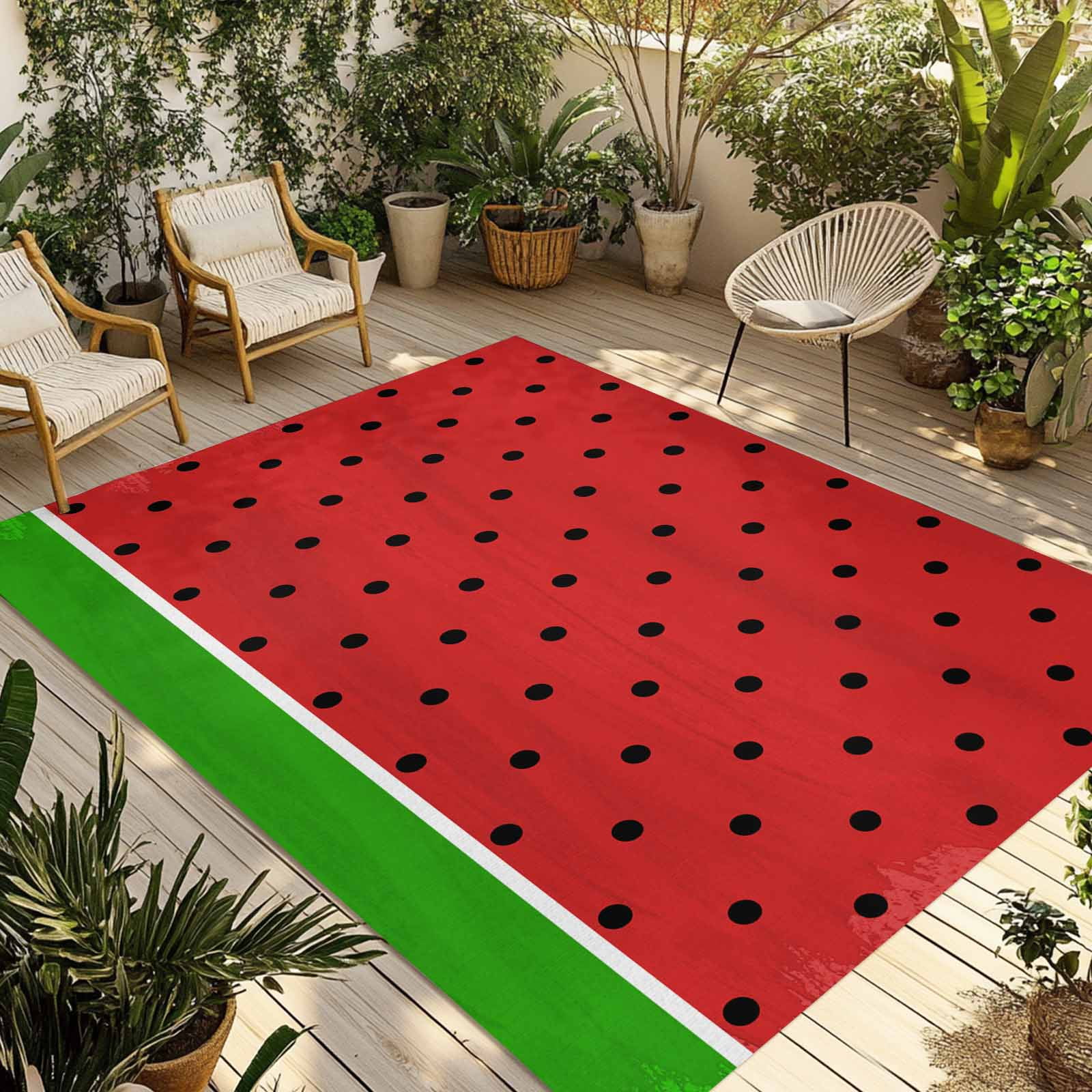 5' x 8' Outdoor Rug, Watermelon Outdoor Washable Rug Large Floor Carpet, Black Polka Dots Green Summer Fruits Non Shedding Area Rug for Outside Patio RV Porch Deck Balcony Camping Living Room