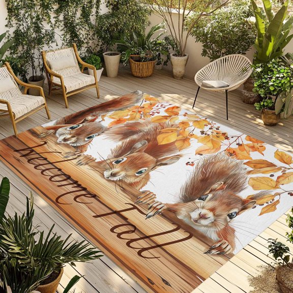 5' x 8' Outdoor Rug, Welcome Fall Squirrel Outdoor Washable Rug Large Floor Carpet, Thanksgiving Botanical Non Shedding Area Rug for Outside Patio RV Porch Deck Balcony Camping Living Room