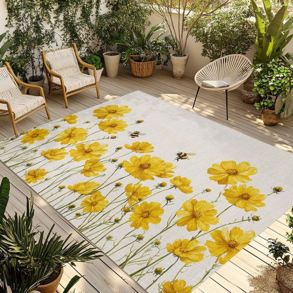 5' x 8' Outdoor Rug, Yellow Floral Bee Outdoor Washable Rug Large Floor Carpet, Summer Watercolor Botanical Flower Non Shedding Area Rug for Outside Patio RV Porch Deck Balcony Camping Living Room