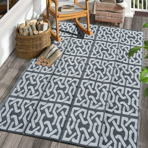 5' x 8' Reversible Mats , Plastic Straw Rug, Modern Area Rug, Large Floor Mat and Rug for Outdoors, RV, Patio, Backyard, Deck, Picnic, Beach, Trailer, Camping (Black + Grey)