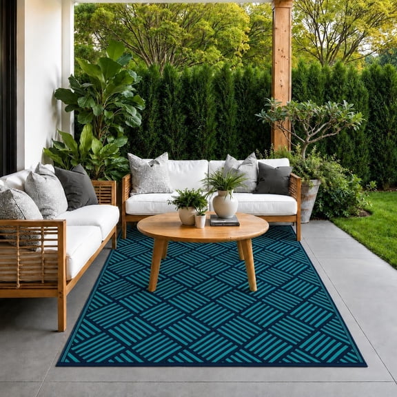 5' x 8' Reversible Outdoor Rug, Braided Polypropylene Patio Mat for Porch and Deck,Black blue/lake blue