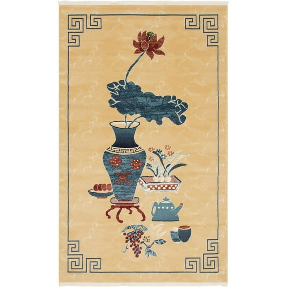 5' x 8' Tan Brown and Navy Blue Flower Vase with Border Rectangular Area Throw Rug