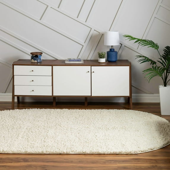 Unique Loom Everyday Shag Collection Area Rug - Solid (5' x 8' Oval Ivory)