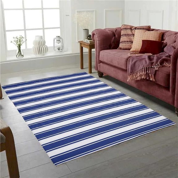5 x 8 ft. Blue & White Striped Indoor & Outdoor Reversible Plastic Rectangle Area Rug