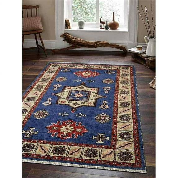 5 x 8 ft. Hand Knotted Afghan Wool & Silk Kazak Rectangle Area Rug, Aqua & White