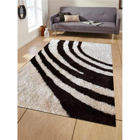 5 x 8 ft. Hand Tufted Shag Polyester Contemporary Rectangle Area Rug, Ivory & Brown
