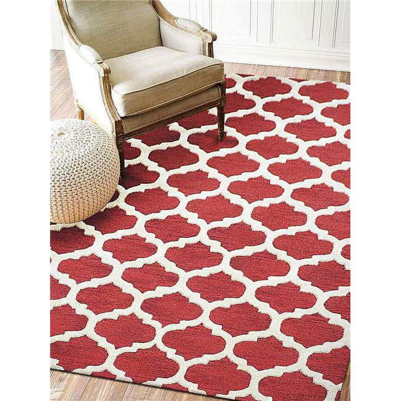 5 x 8 ft. Hand Tufted Wool Geometric Rectangle Area Rug, Red & White ...