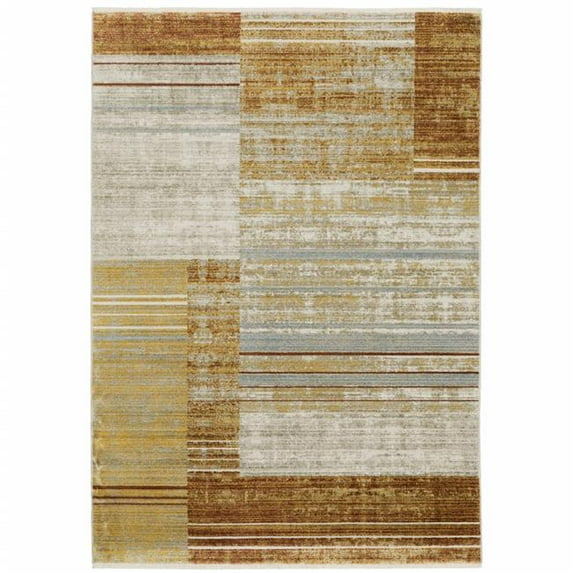 5 x 8 ft. Rust Gold Blue Gray Ivory & Tan Geometric Power Loom Stain Resistant Rectangle Area Rug with Fringe