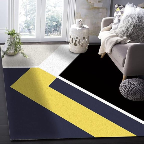 5 x 8ft Area Runner Rug Carpet,Black Yellow Blue White Geometric Patchwork Triangle Art Outdoor Indoor Kitchen Living Room Bedroom Classroom Laundry Room Washable Bath Rug
