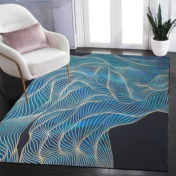 5 x 8ft Black Blue Gold Striped Area Rug, Abstract Modern Living Room Rugs, Non Slip Machine Washable Easy Care Carpet For Indoor Bedroom Study Apartment Home Decor