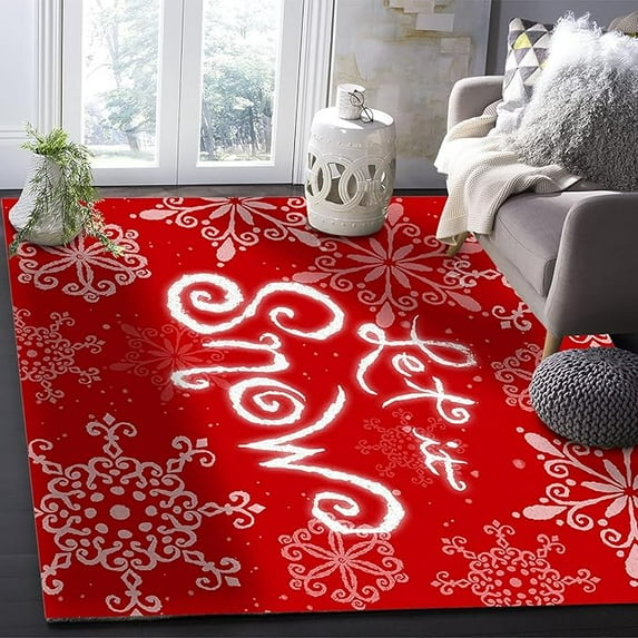 5 x 8ft Christmas Winter Dreamy Area Rug, Snowflake Red Snow Indoor Rugs, Floor Non-Slip Carpet For Room Sofa Living Room Mat Bedroom Home Decor Floor Mat ﻿
