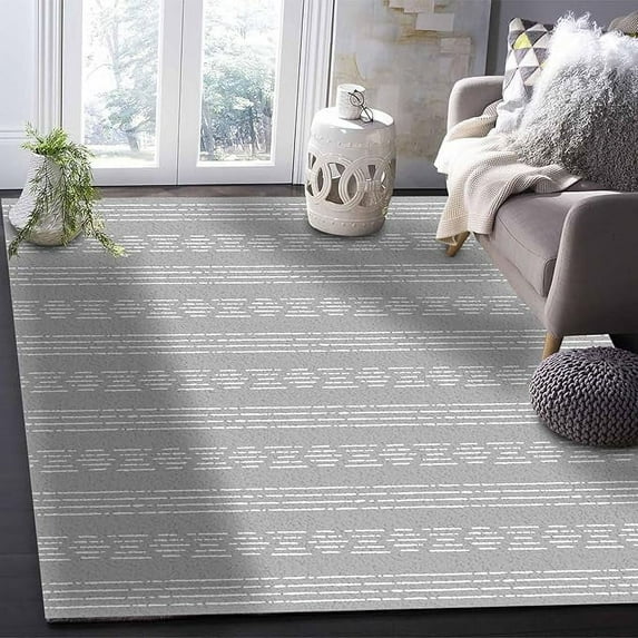 5 x 8ft Grey Geometric Area Rug, Modern Outdoor Living Room Bedroom Area+Rug Carpet, Kitchen Rug Bath Mat Front Porch Floor Doormat Runner Rugs, Bohemia Southwestern Stripe Boho White