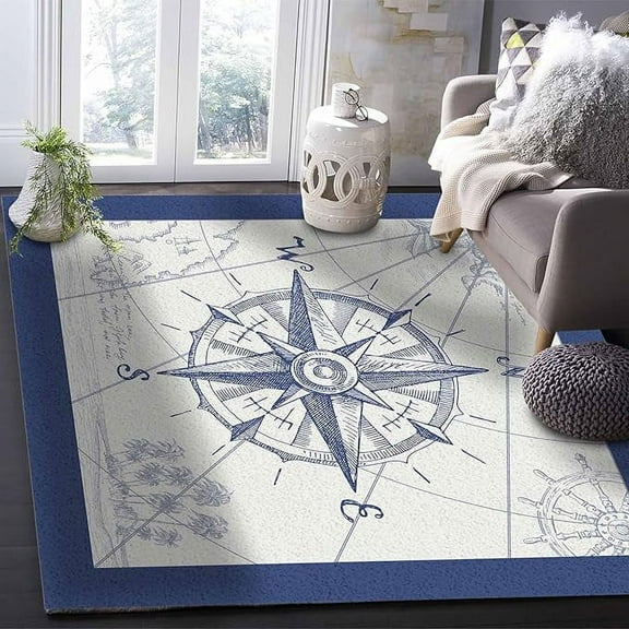 5 x 8ft Nautical Compass Area Rug, Modern Outdoor Living Room Bedroom Area+Rug Carpet, Kitchen Rug Bath Mat Front Porch Floor Runner Rugs, Retro Sailing Map Tropical Palm Tree Navy