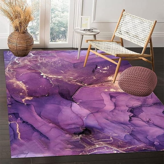 5 x 8ft Purple Gold Marble Area Rug, Modern Abstract Style Decorative Rug Anti-Slip Large Area Carpet For Living Room Bedroom Dining Room