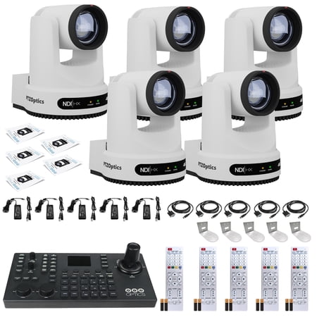 5 x PTZOptics Move 4K SDI/HDMI/USB/IP PTZ Camera with 20x Optical Zoom (White) (PT20X-4K-WH-G3) + PTZOptics SuperJoy PTZ Camera Joystick Controller + 5 x Universal Wall Mount (White)