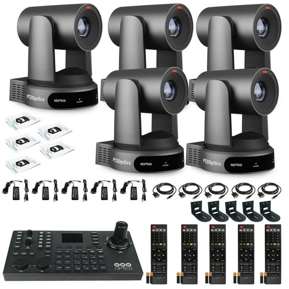 5 x PTZOptics Move 4K SDI/HDMI/USB/IP PTZ Camera with 30x Optical Zoom (Gray) (PT30X-4K-GY-G3) + PTZOptics SuperJoy PTZ Camera Joystick Controller + 5 x Universal Wall Mount (Black)
