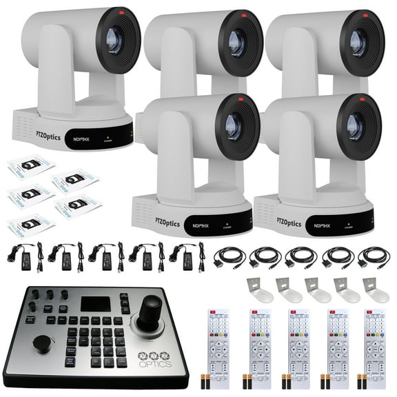 5 x PTZOptics Move 4K SDI/HDMI/USB/IP PTZ Camera with 30x Optical Zoom (White) (PT30X-4K-WH-G3) + PTZOptics PT-JOY-G4 Joystick Controller + 5 x Universal Wall Mount (White)