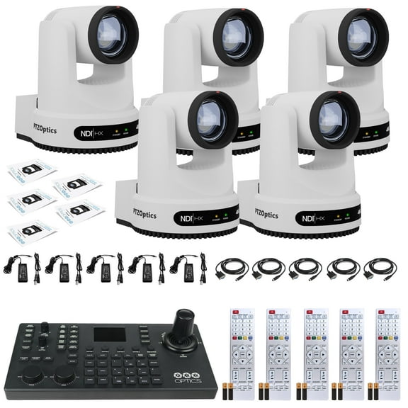 5 x PTZOptics Move 4K SDI/HDMI/USB/IP PTZ Camera with 12x Optical Zoom (White) (PT12X-4K-WH-G3) + PTZOptics SuperJoy PTZ Camera Joystick Controller