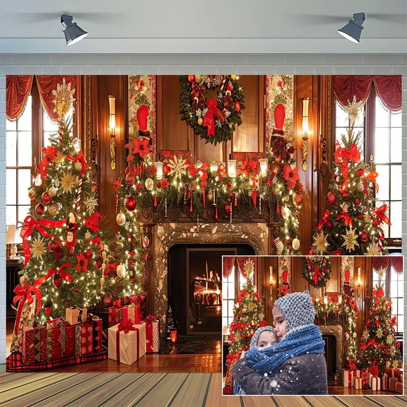 5 x 5 ft Christmas Fireplace Backdrop Xmas Fireplace Tree Wall Gifts Party Decor Background Winter Merry Christmas Candy Backdrop Kids Holiday Party Decoration Photo Studio Props