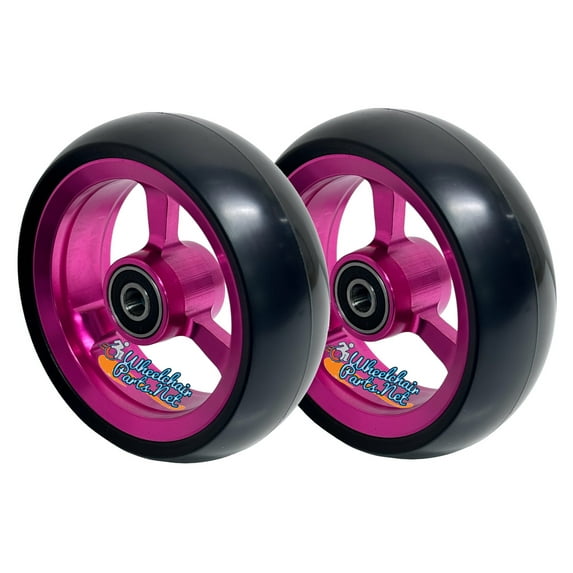 5"x1.40" Wheelchair Caster Wheel With Pink Aluminum Rim, Soft Roll Tire and 5/16" Bearings