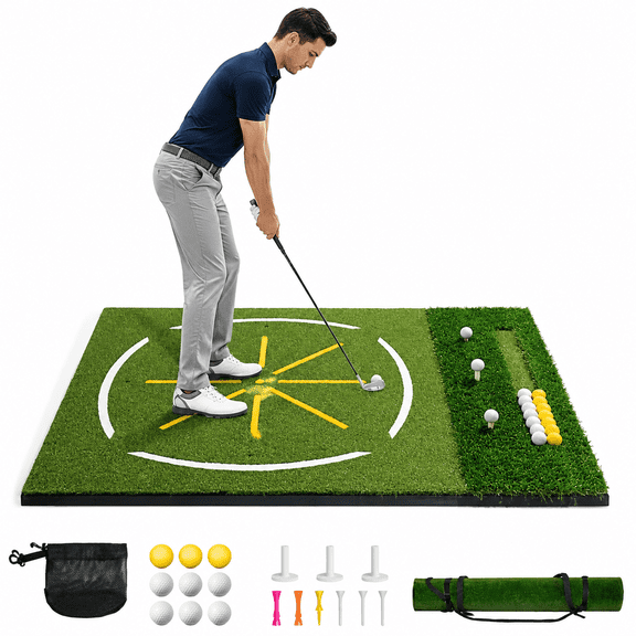 5'x4' Thick Golf Practice Mat – Dual Turf Hitting Mat with Ball Tray & Alignment Guide – Indoor/Outdoor Training for Driving, Chipping & Swing