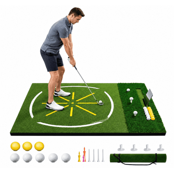5'x4' 16mm Thick Golf Practice Mat – Dual Turf Hitting Mat with Ball Tray & Alignment Guide – Ideal for Driving, Chipping & Swing Practice Indoor/Outdoor