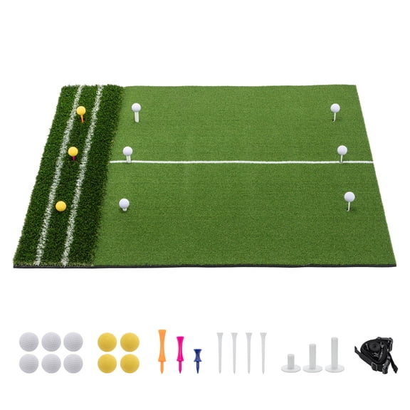 5'x4' Dual Turf Golf Hitting Practice Mat with 9 Tee Positions & Alignment Guide Line, Complete Training Set with Golf Balls Tees Storage Strap for Indoor Backyard Garage Swing Drills