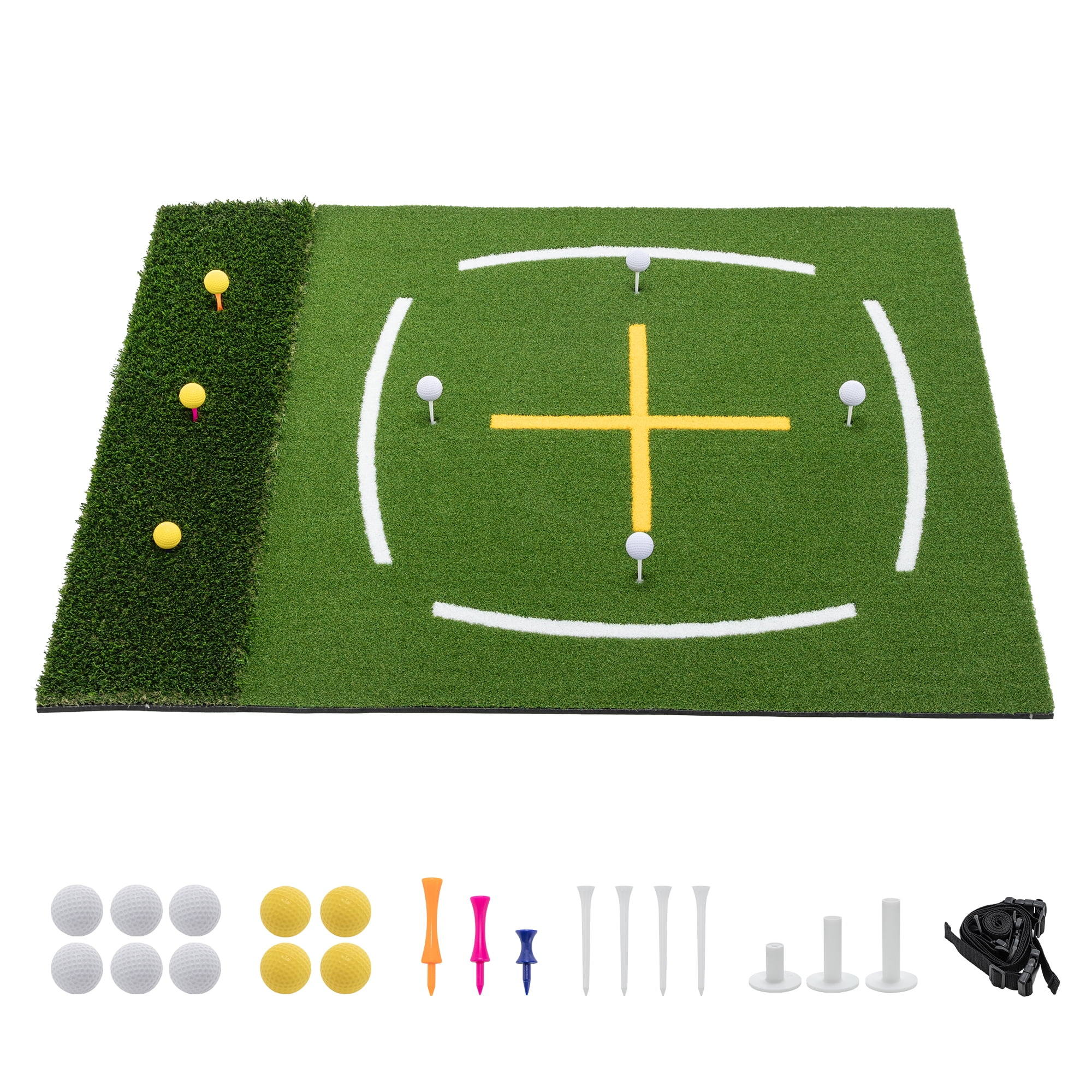 5'x4' Golf Hitting Mat with Cross Stance Guide, Indoor Outdoor Golf Practice Mat with 7 Tee Positions, Heavy Duty Swing Turf for Backyard Garage Training – Includes Balls, Tees & Strap