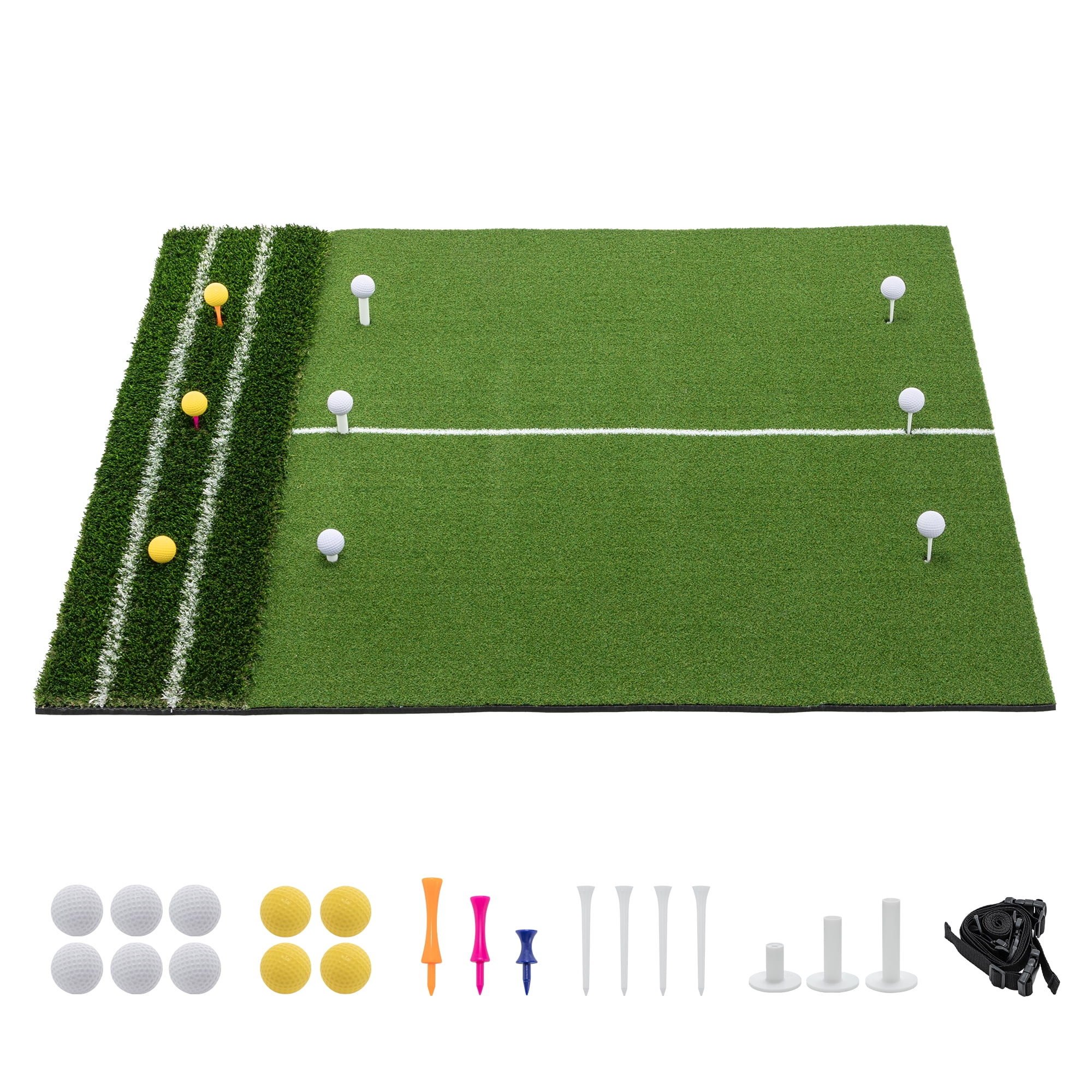 5'x4' Golf Hitting Mat with Guide Line, Heavy Duty Artificial Turf with 9 Tee Positions, Complete Practice Set with Balls, Tees & Strap for Indoor Outdoor Training