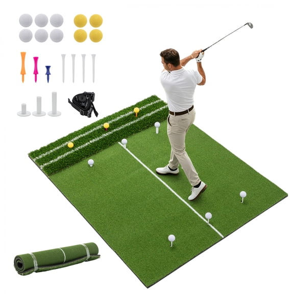 5'x4' Golf Hitting Mat with Guide Line, 9 Tee Positions, Indoor Outdoor Practice Turf, Heavy Duty Swing Mat, Includes Balls, Tees & Strap