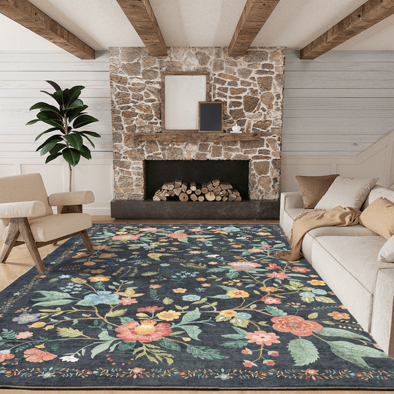 CHITOOMA 5'x7' Machine-washable Area Rugs for Living Room, Stain Resistant Non-Shed Carpet, Boho Floral Area Rugs with Non-Slip Backing for Bedroom, Dining Room, Dorm, Office